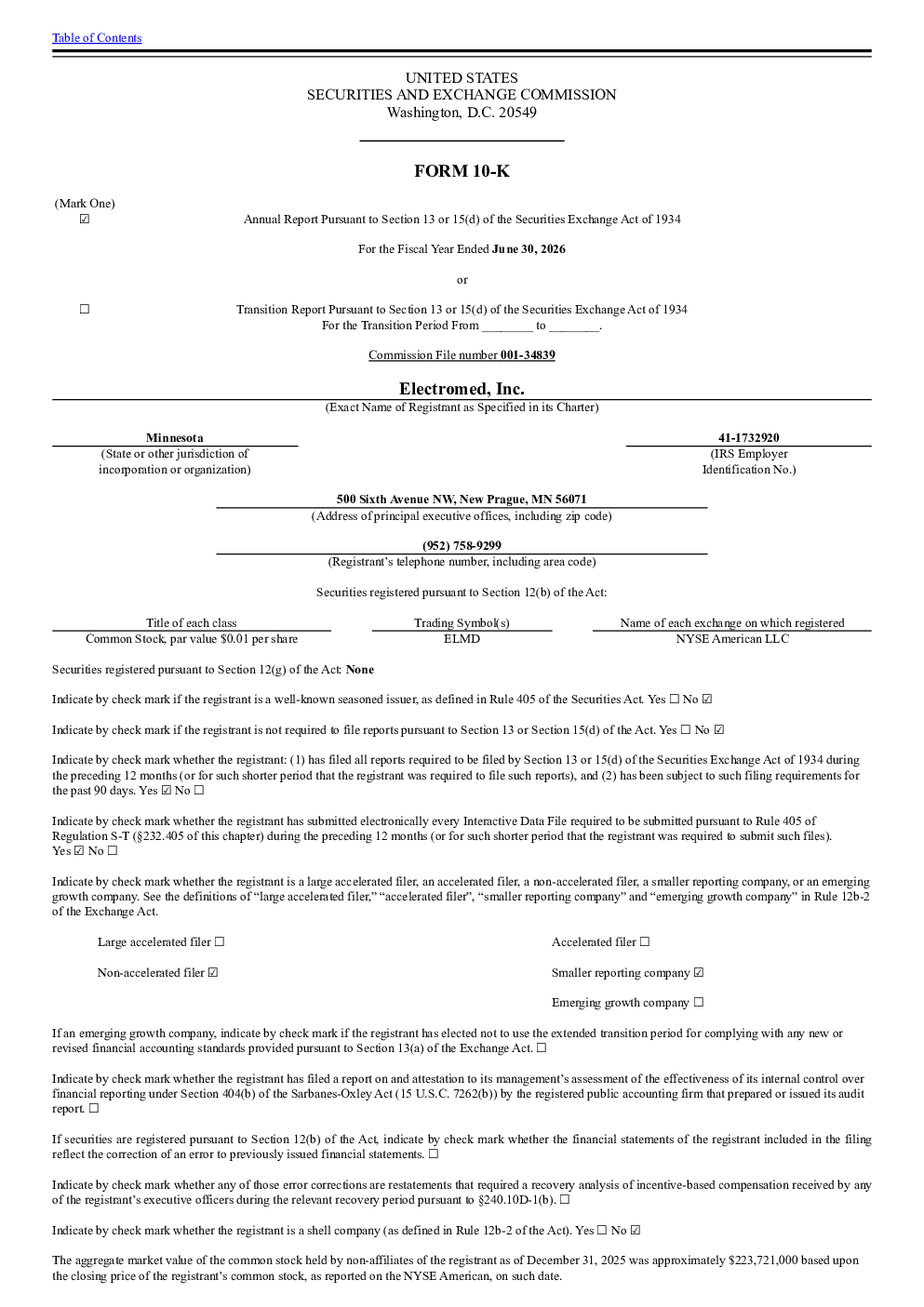 
Electromed Inc 2025年度报告