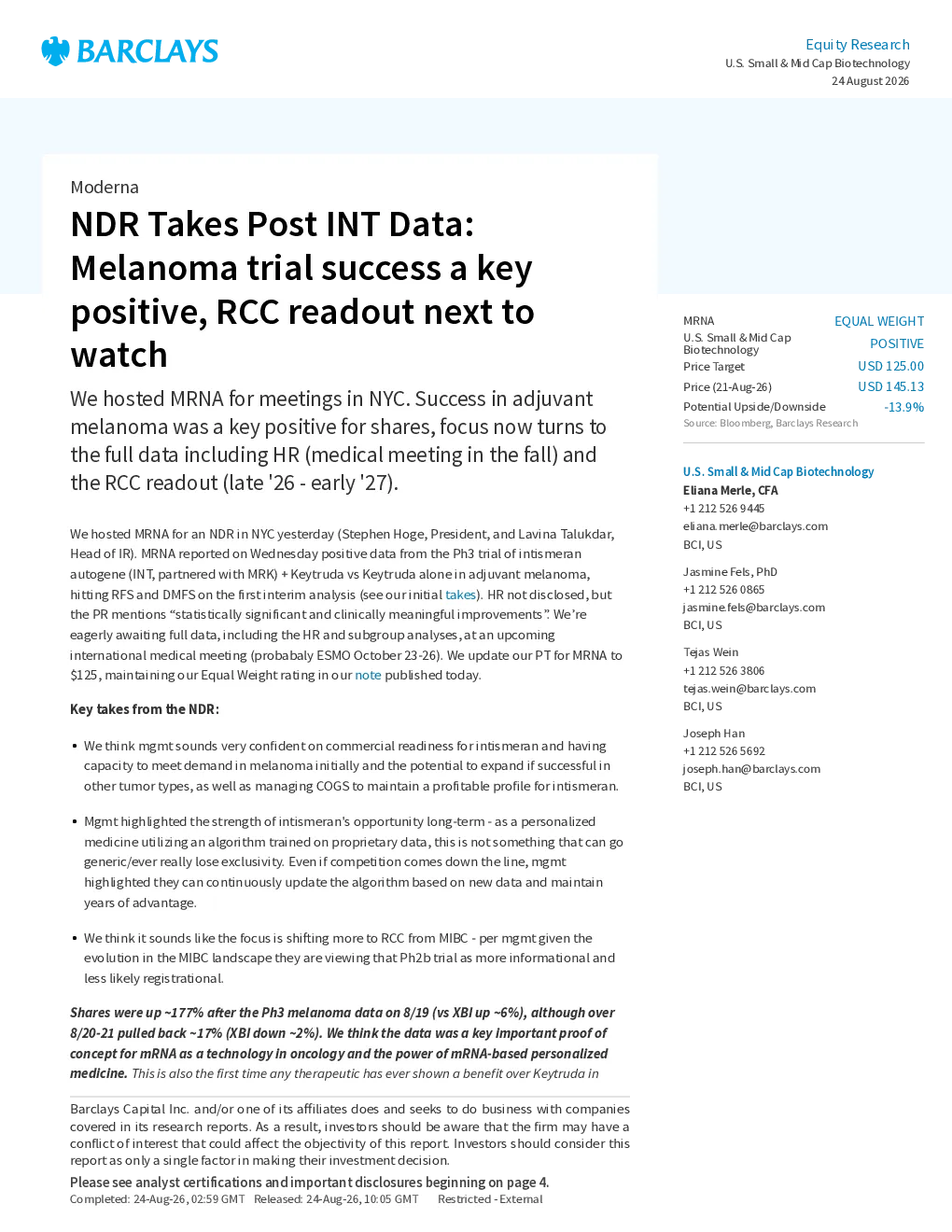 NDR点评：mRNA个性化癌症疫苗intismeran黑色素瘤辅助治疗试验成功，聚焦RCC数据