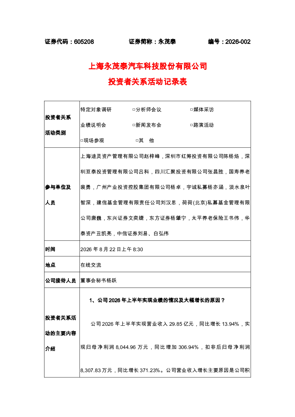 605208 永茂泰 2026年8月22日投资者关系活动记录表