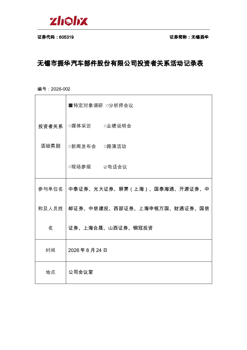 605319 无锡振华 投资者关系活动记录表