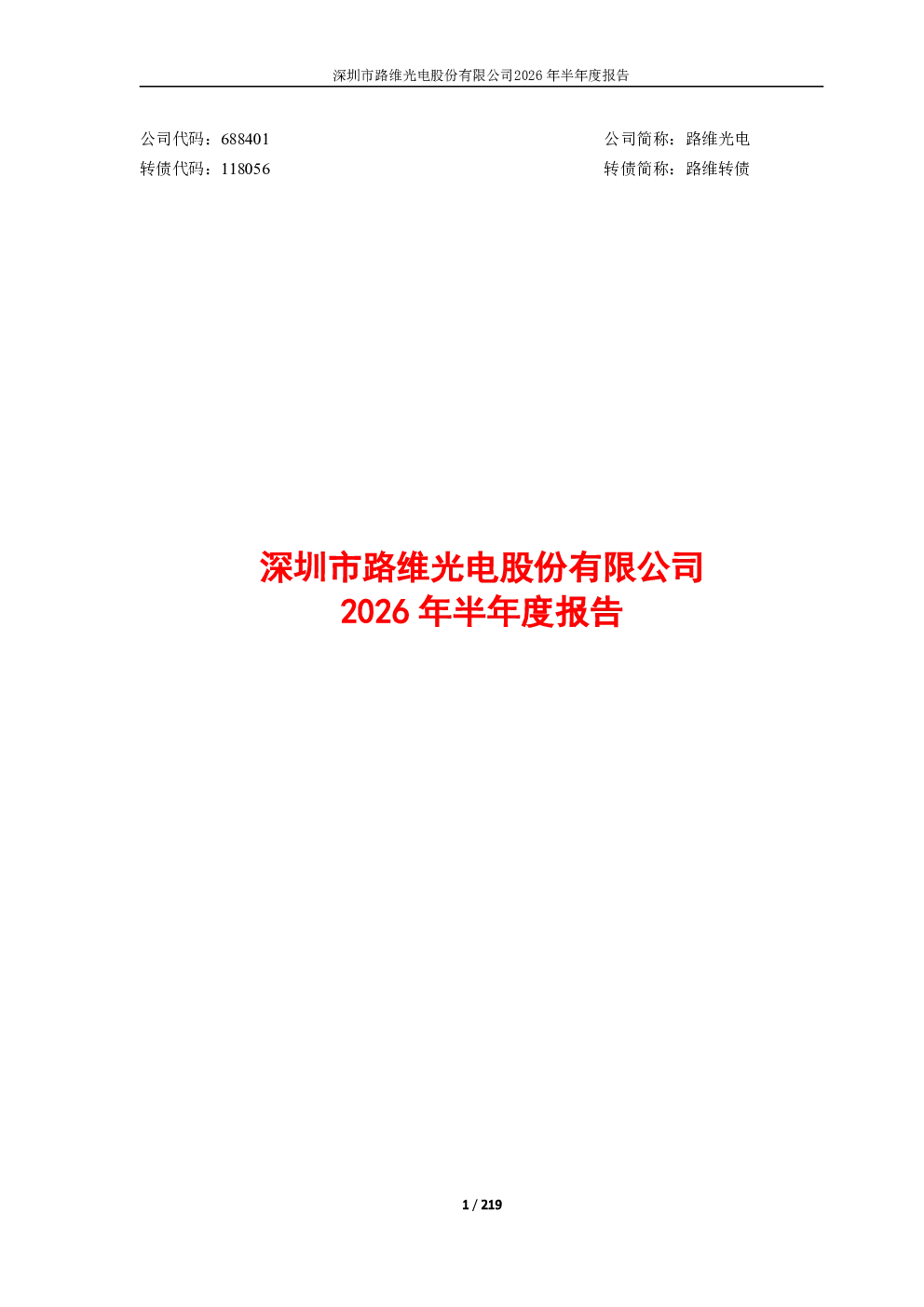 路维光电：2026年半年度报告