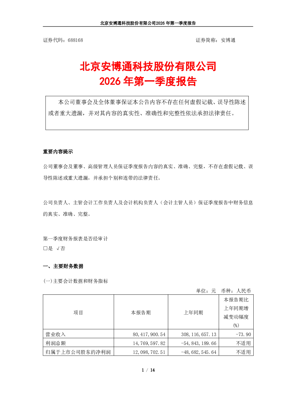安博通：2026年第一季度报告（更正后）