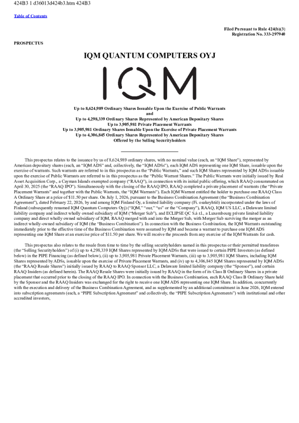 IQM Quantum Computers Oyj ADR美股招股说明书(2026-08-26版)