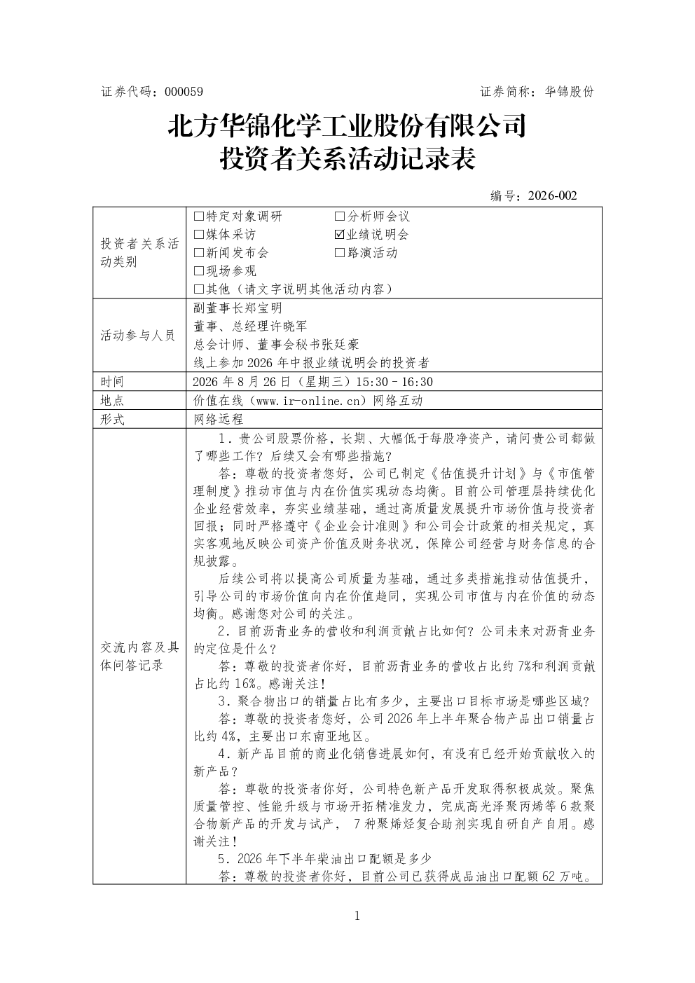 000059 华锦股份 000059华锦股份投资者关系管理信息20260826
