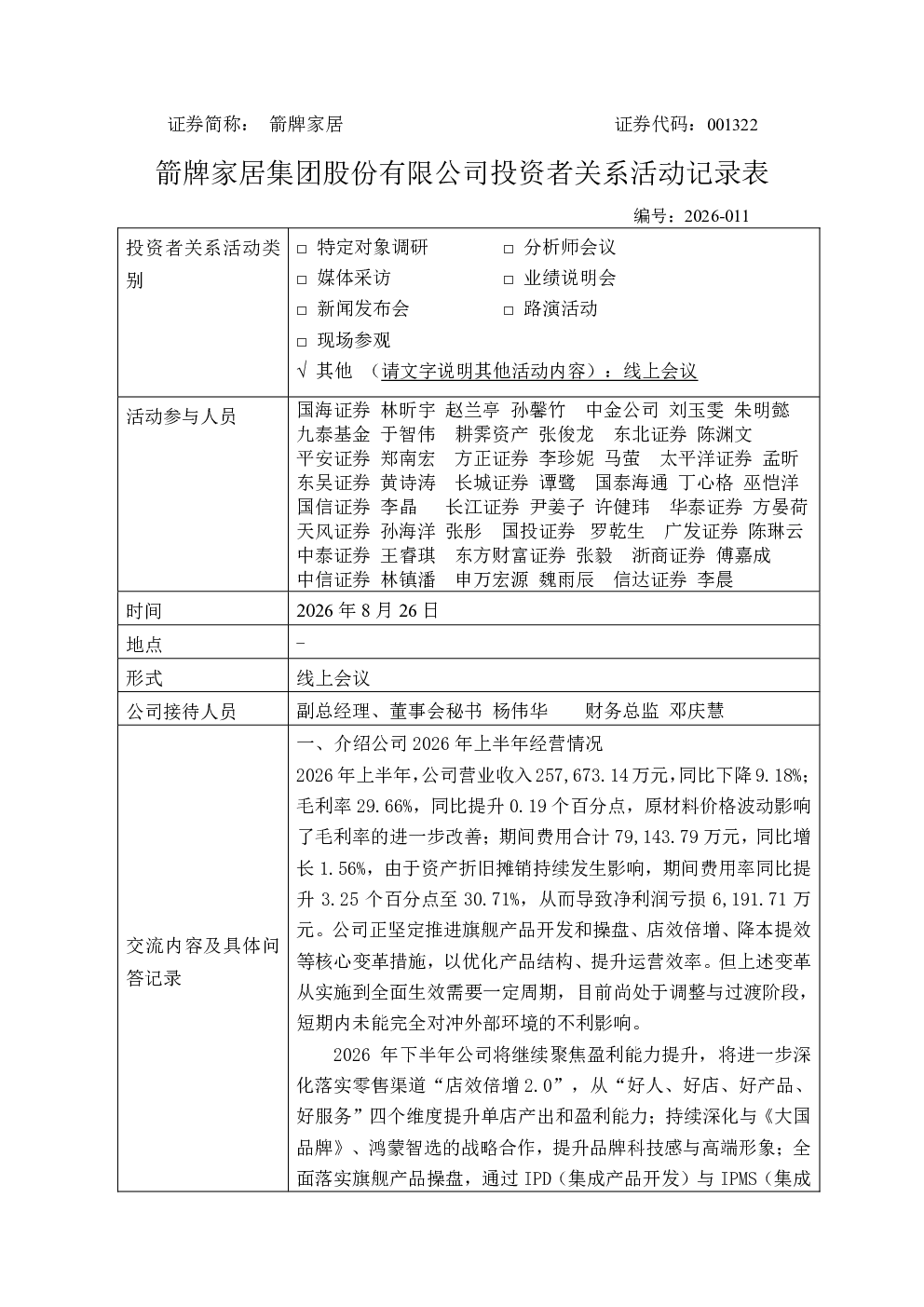 001322 箭牌家居 001322箭牌家居投资者关系管理信息20260826