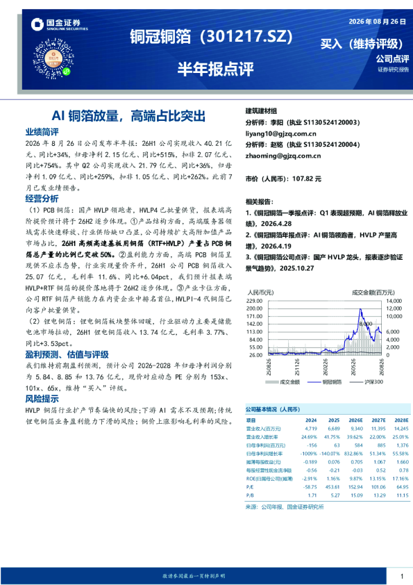 半年报点评：AI铜箔放量，高端占比突出