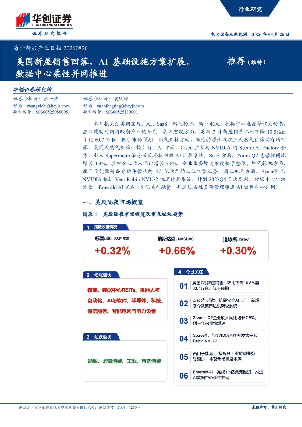 美国新屋销售回落，AI基础设施方案扩展，数据中心柔性并网推进
