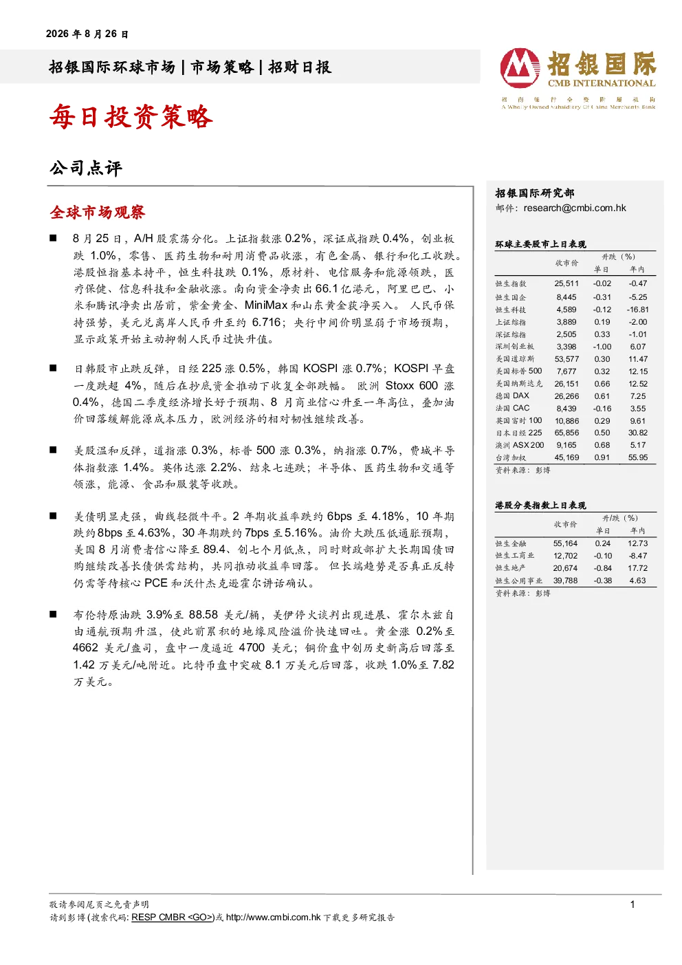 招银国际环球市场 市场策略 招财日报