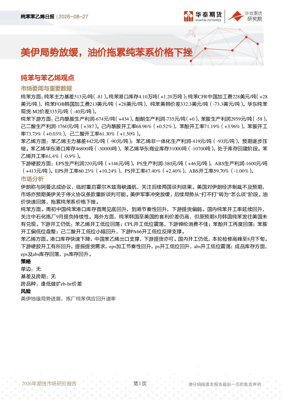 纯苯苯乙烯日报：美伊局势放缓，油价拖累纯苯系价格下挫