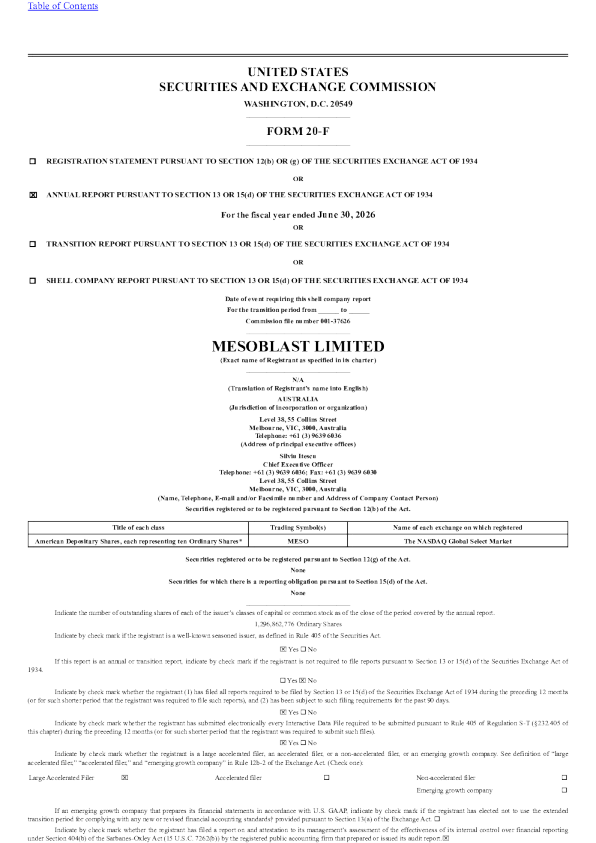 Mesoblast Ltd ADR 2026年年度报告和过渡报告