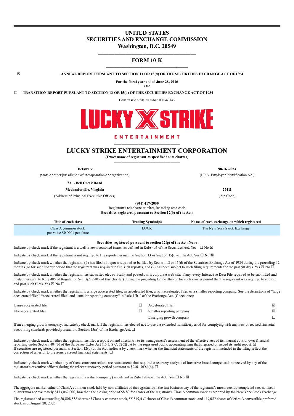 Lucky Strike Entertainment Corp-A 2025年度报告