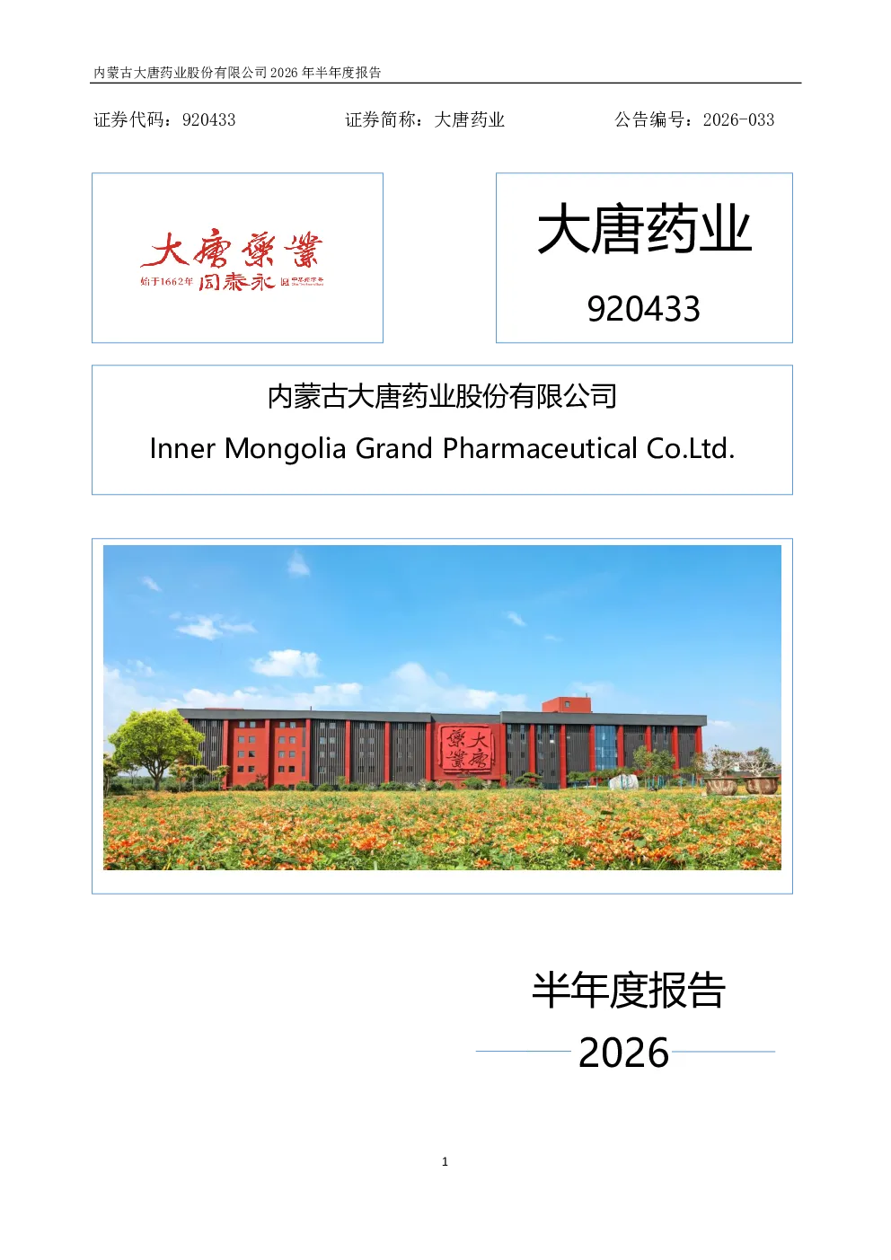 大唐药业：2026年半年度报告