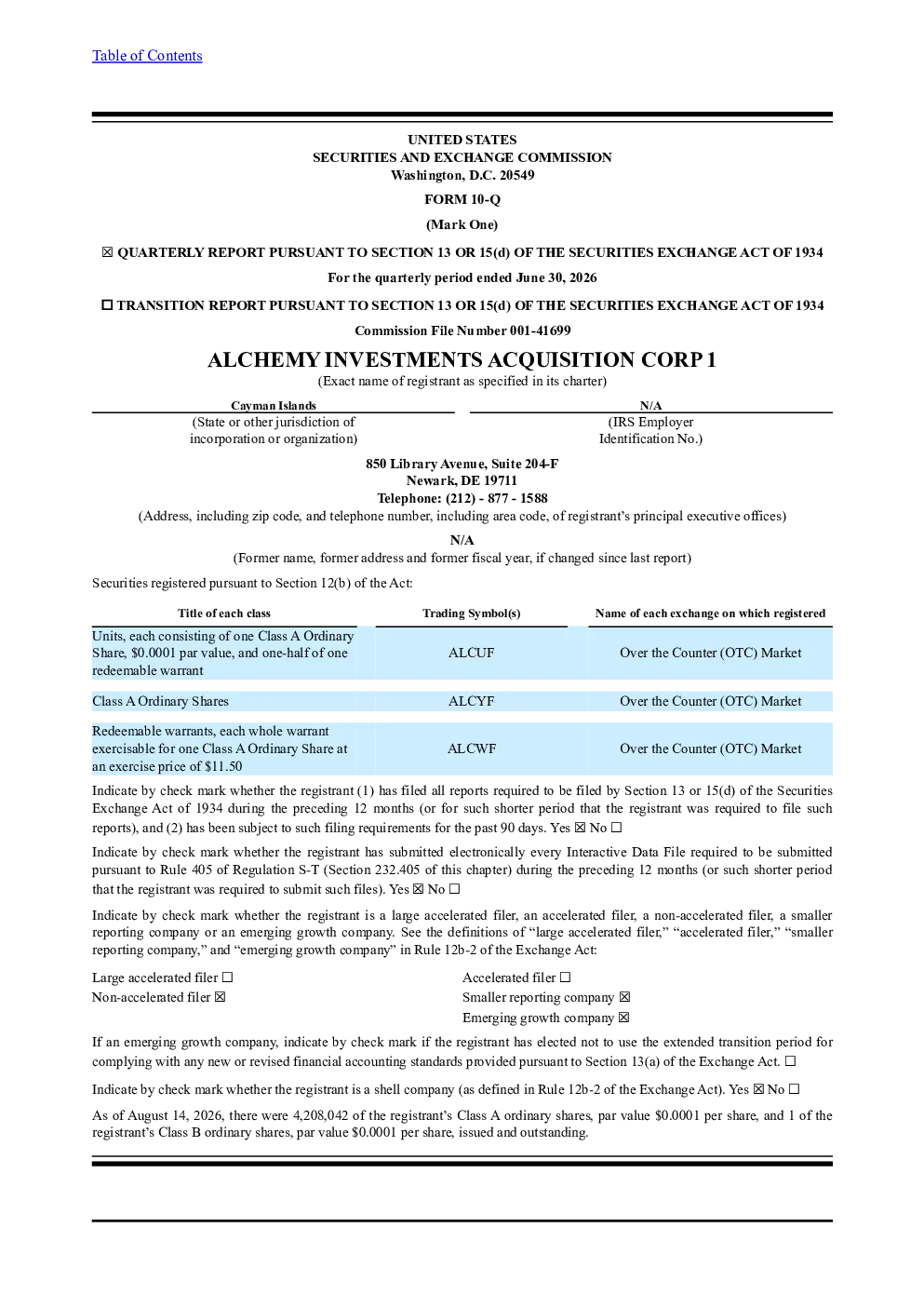 
Alchemy Investments Acquisition Corp 1 单元 1 CL A + 1/2 权重 2026年季度报告