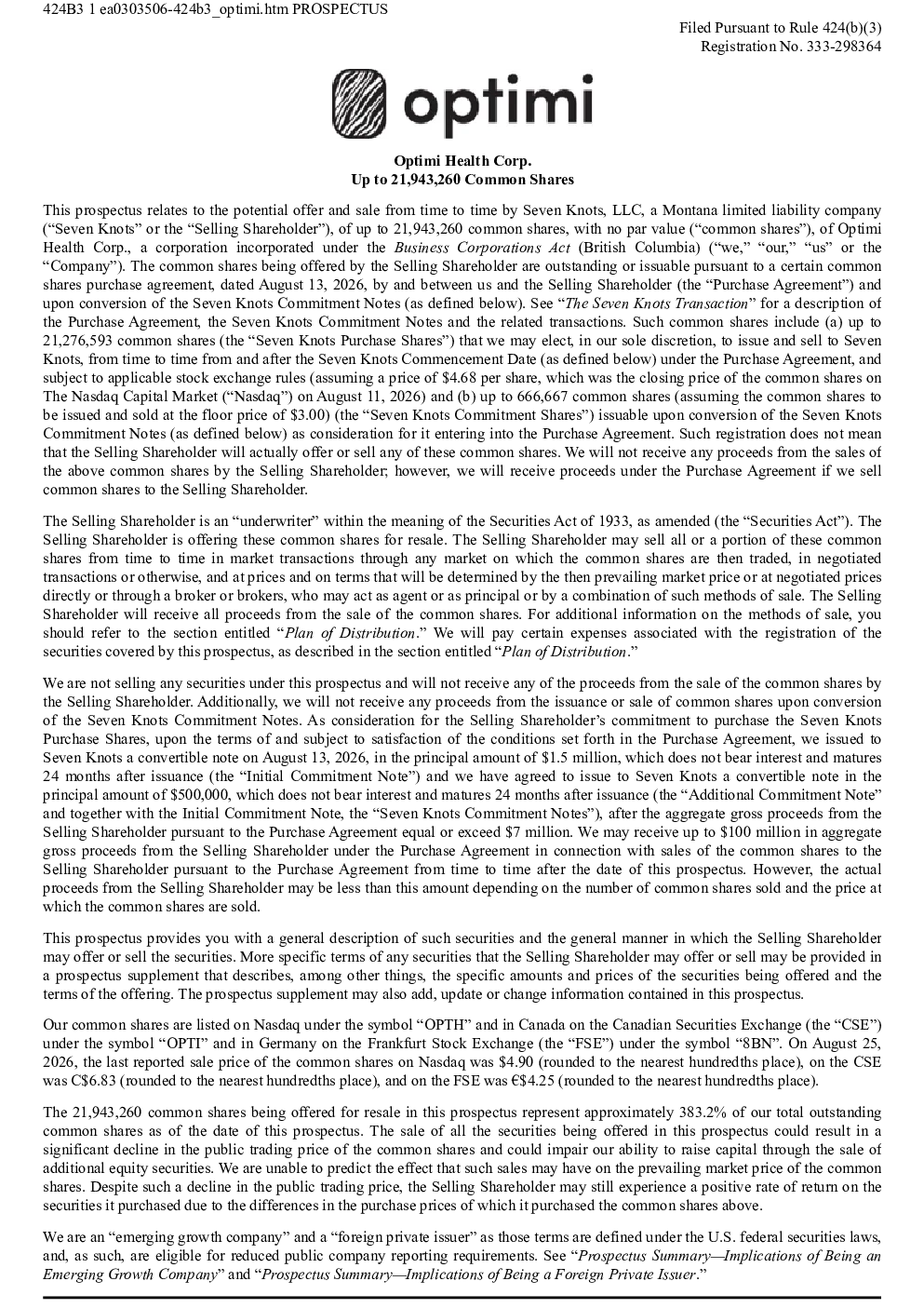 Optimi Health Corp美股招股说明书(2026-08-27版)