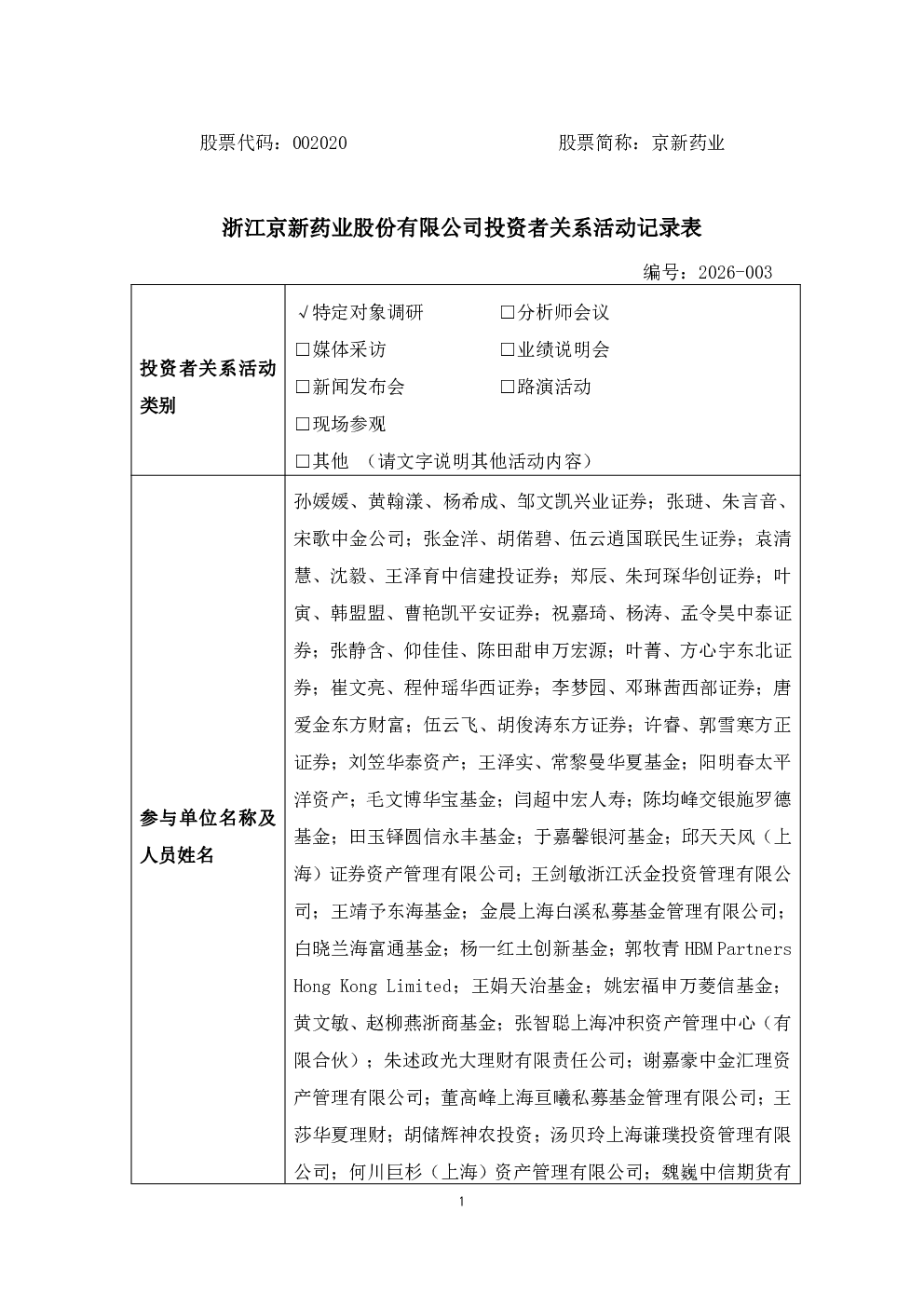 002020 京新药业 002020京新药业投资者关系管理信息20260827
