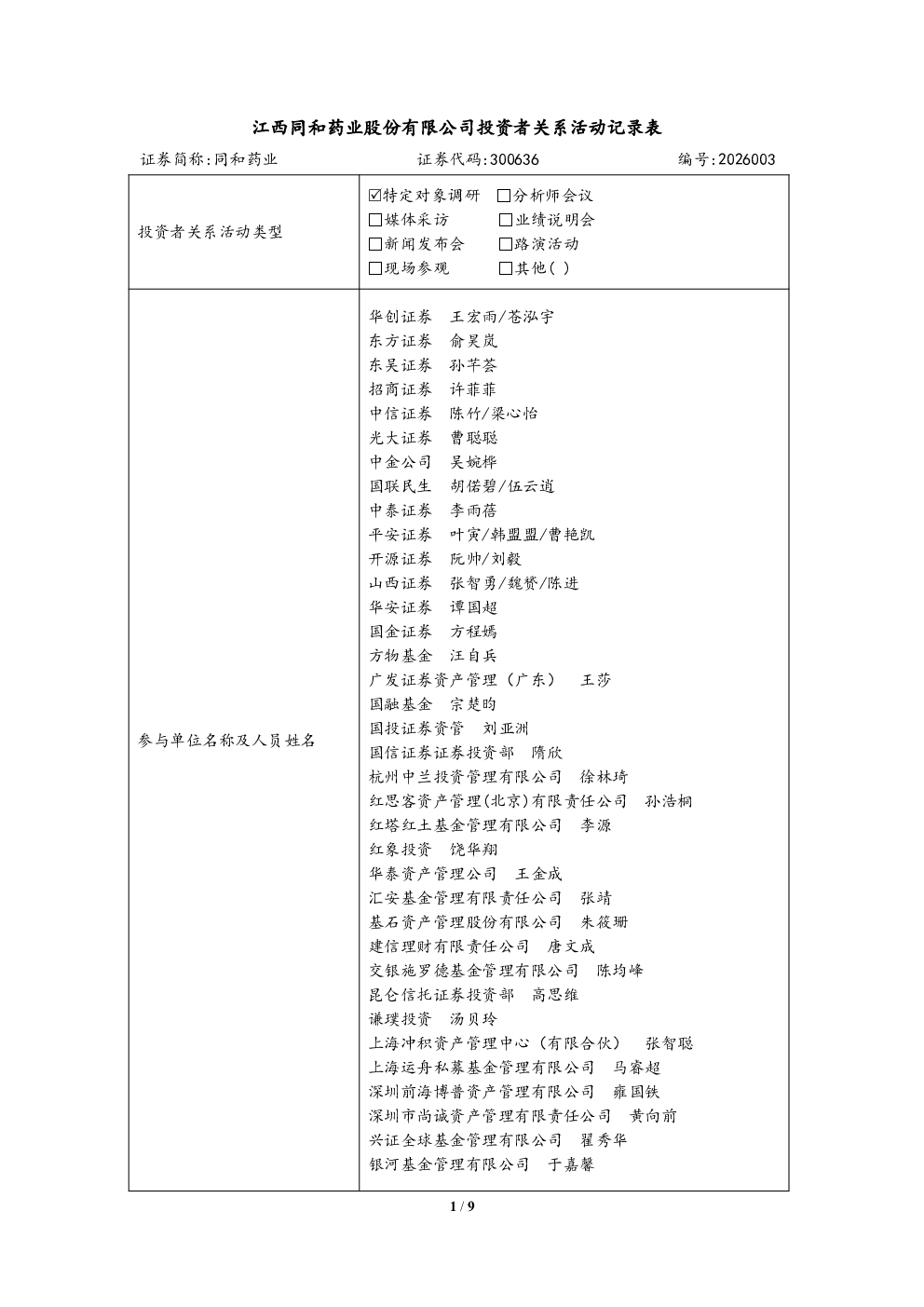 300636 同和药业 300636同和药业投资者关系管理信息20260826