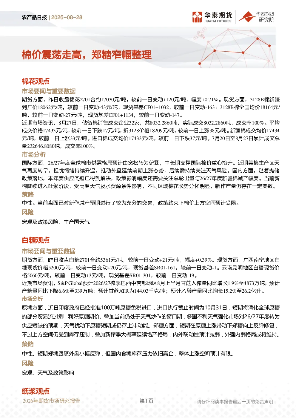 农产品日报：棉价震荡走高，郑糖窄幅整理