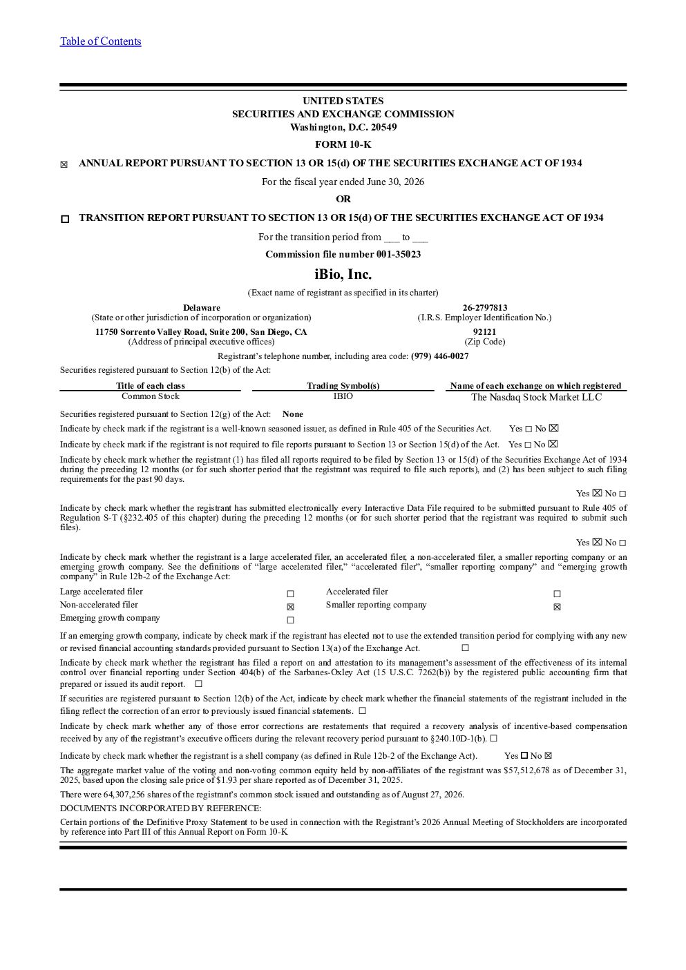iBio Inc 2025年度报告