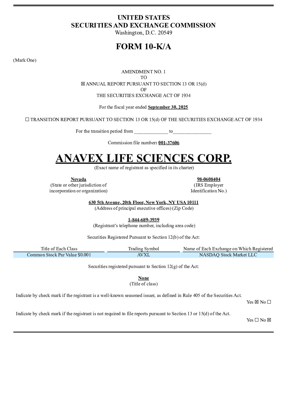 
Anavex Life Sciences Corp 2025年度报告