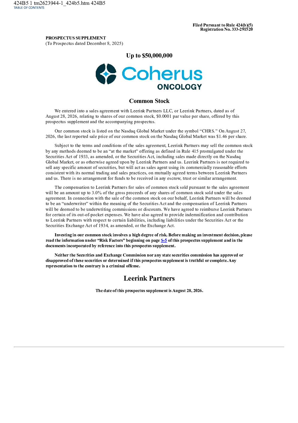 Coherus Oncology Inc美股招股说明书(2026-08-28版)