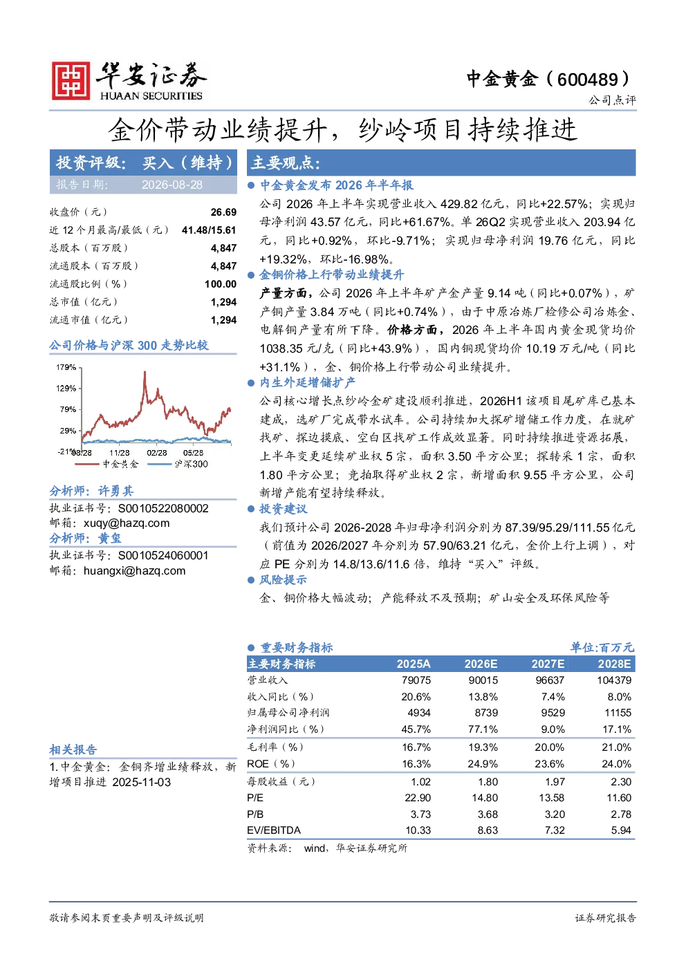 金价带动业绩提升，纱岭项目持续推进
