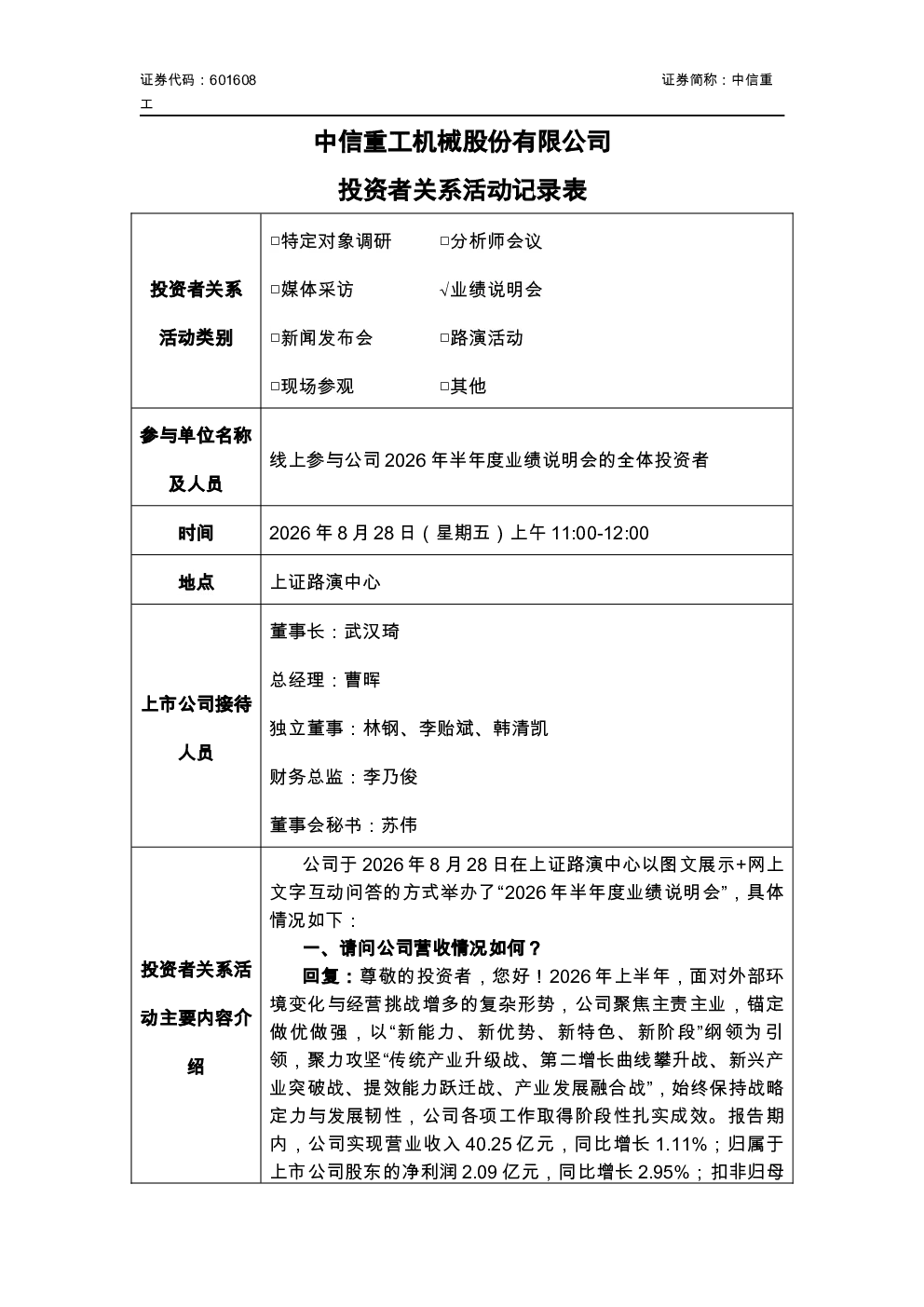 601608 中信重工 中信重工投资者关系活动记录表20260828