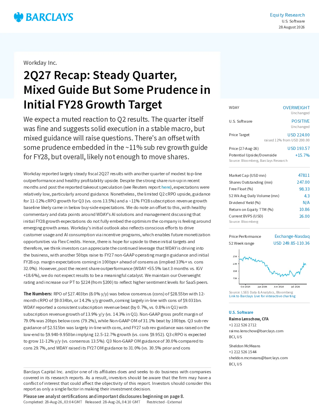 Workday（WDAY.US）2Q27业绩回顾：季度稳健，指引喜忧参半但略有审慎