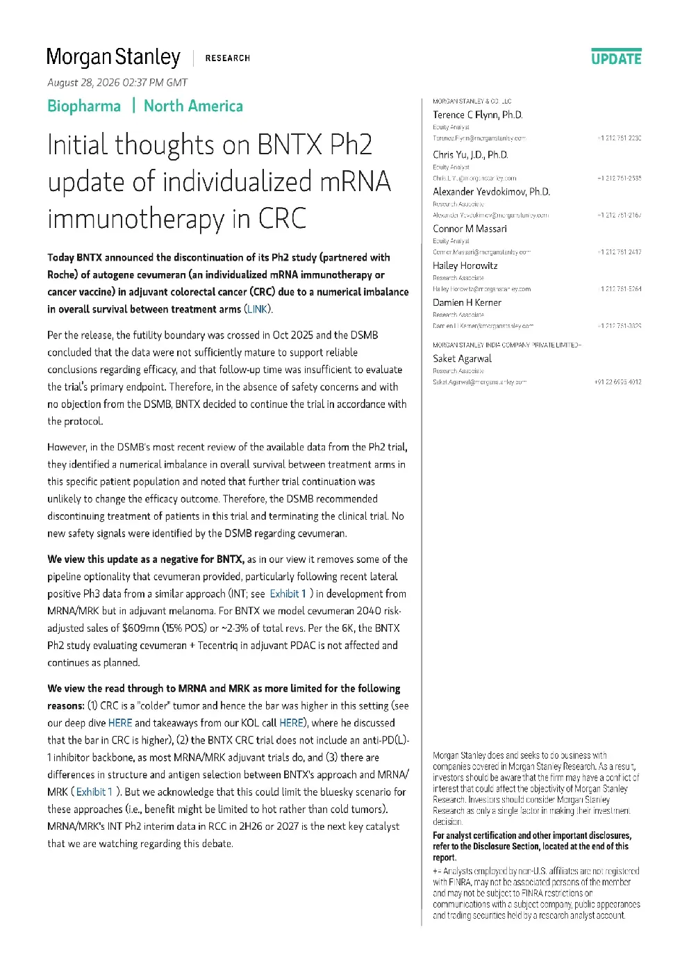关于BNTX个体化mRNA免疫疗法在结直肠癌中二期更新数据的初步看法