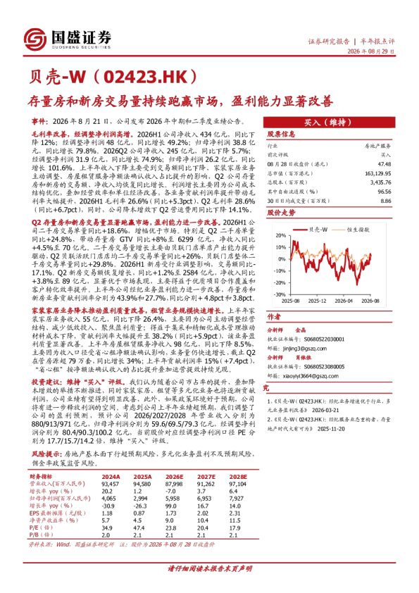 存量房和新房交易量持续跑赢市场，盈利能力显著改善