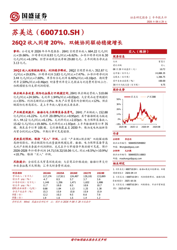 26Q2收入同增20%，双链协同驱动稳健增长