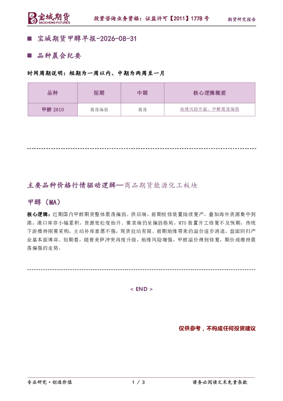 甲醇早报