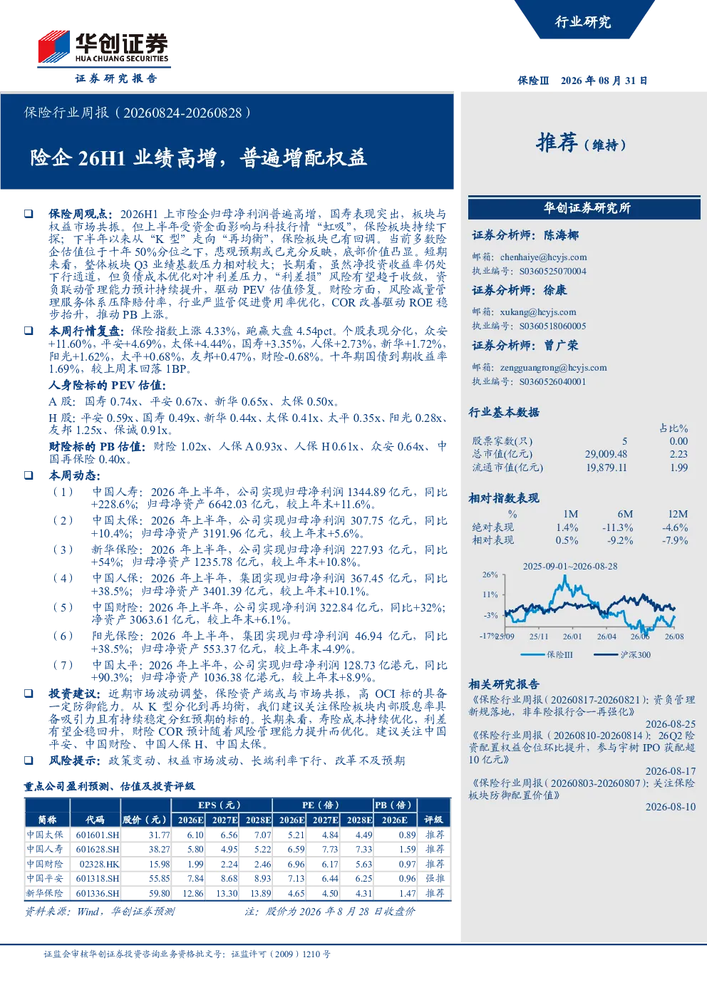 保险行业周报（20260824-20260828）：险企26H1业绩高增，普遍增配权益