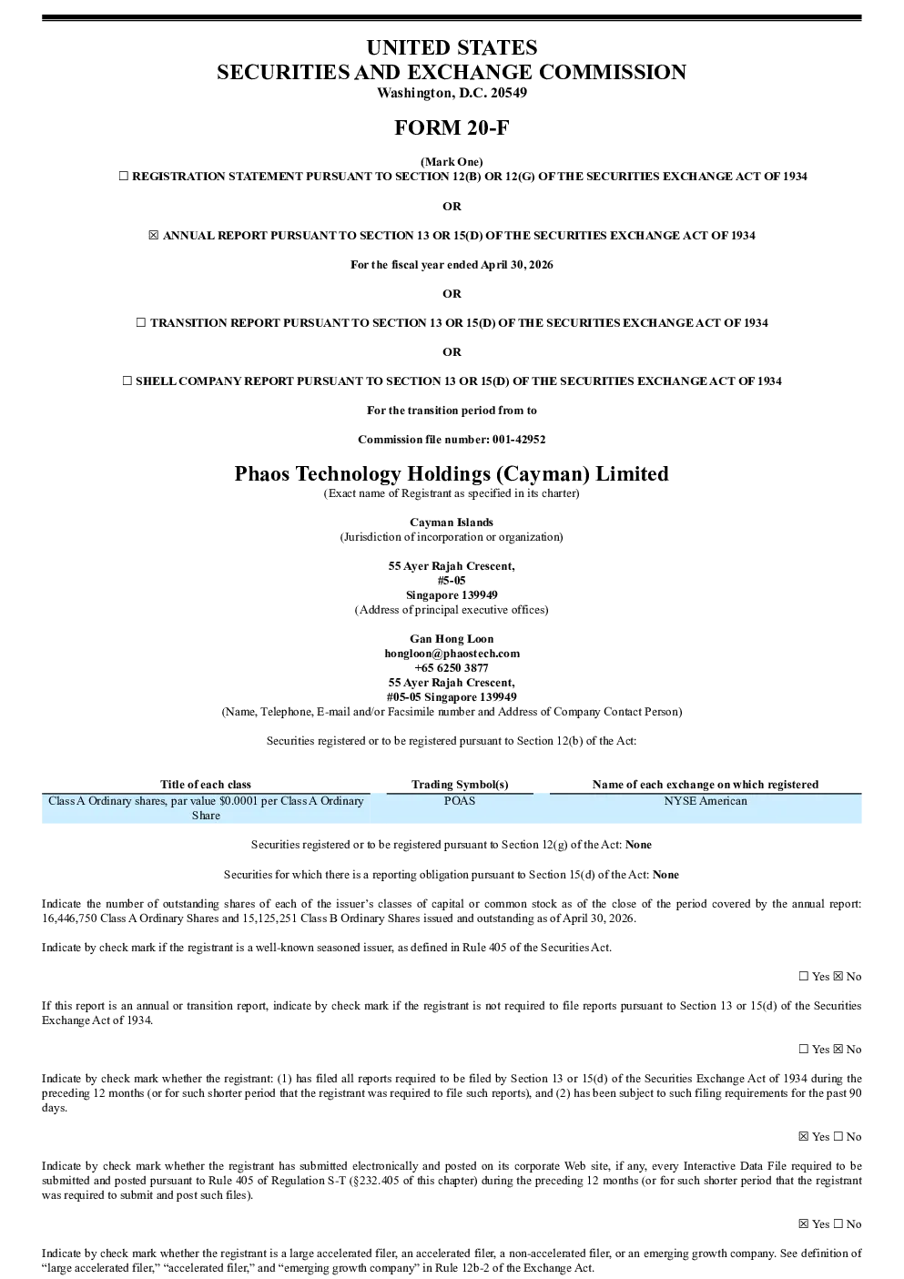 Phaos Technology Holdings (Cayman) Ltd-A 2026年年度报告和过渡报告