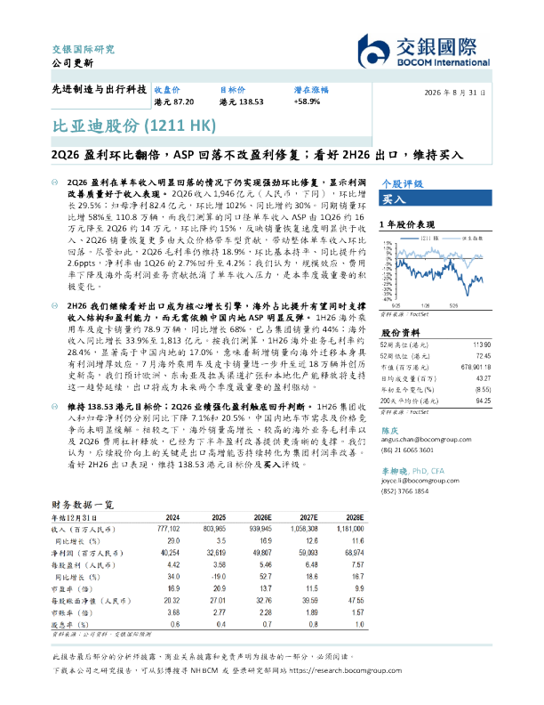 2Q26盈利环比翻倍，ASP回落不改盈利修复；看好2H26出口，维持买入