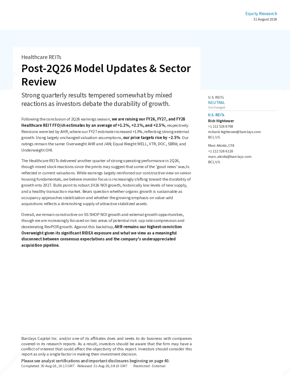 2026年第二季度后医疗保健房地产投资信托基金模型更新及行业回顾