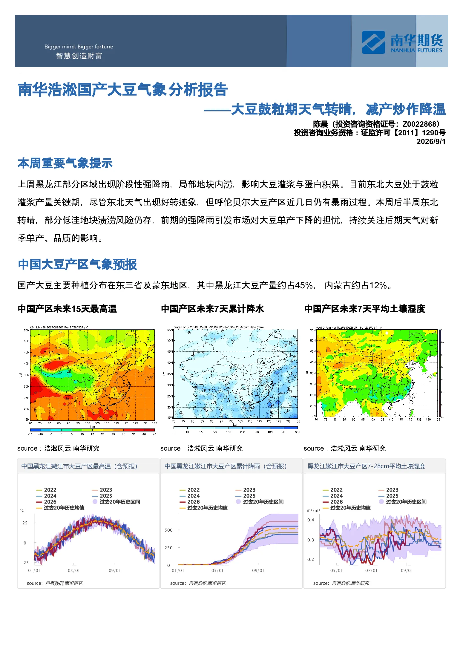 南华浩淞国产大豆气象分析报告：大豆鼓粒期天气转晴，减产炒作降温