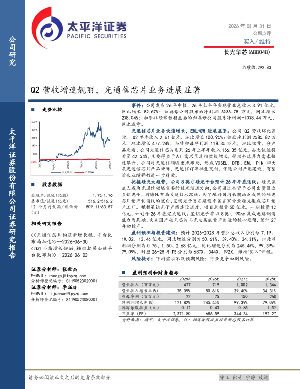 Q2营收增速靓丽，光通信芯片业务进展显著