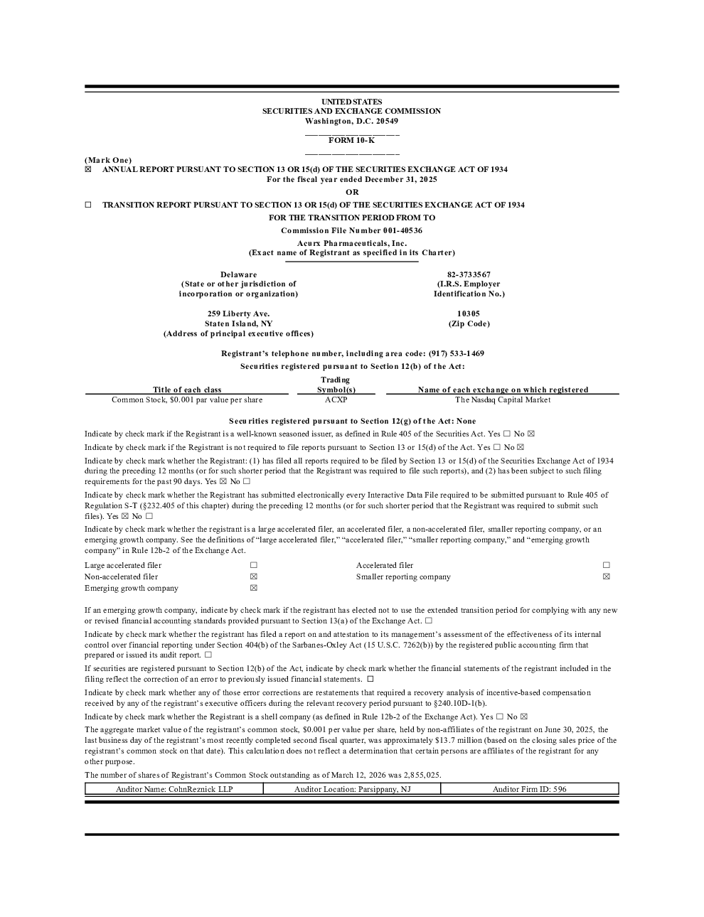 Acurx Pharmaceuticals Inc 2025年度报告