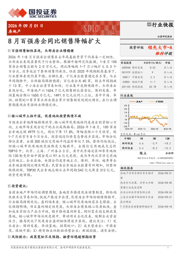 房地产行业快报：8月百强房企同比销售降幅扩大