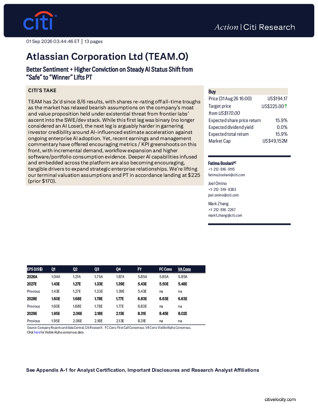 Atlassian（TEAM.O）：情绪改善及AI信心提升，评级上调至买入