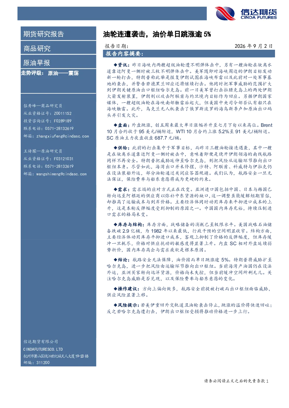 原油早报：油轮连遭袭击，油价单日跳涨逾5%