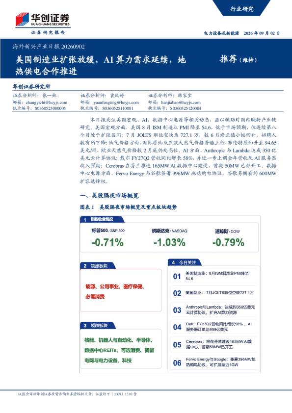 美国制造业扩张放缓，AI算力需求延续，地热供电合作推进：海外新兴产业日报20260902