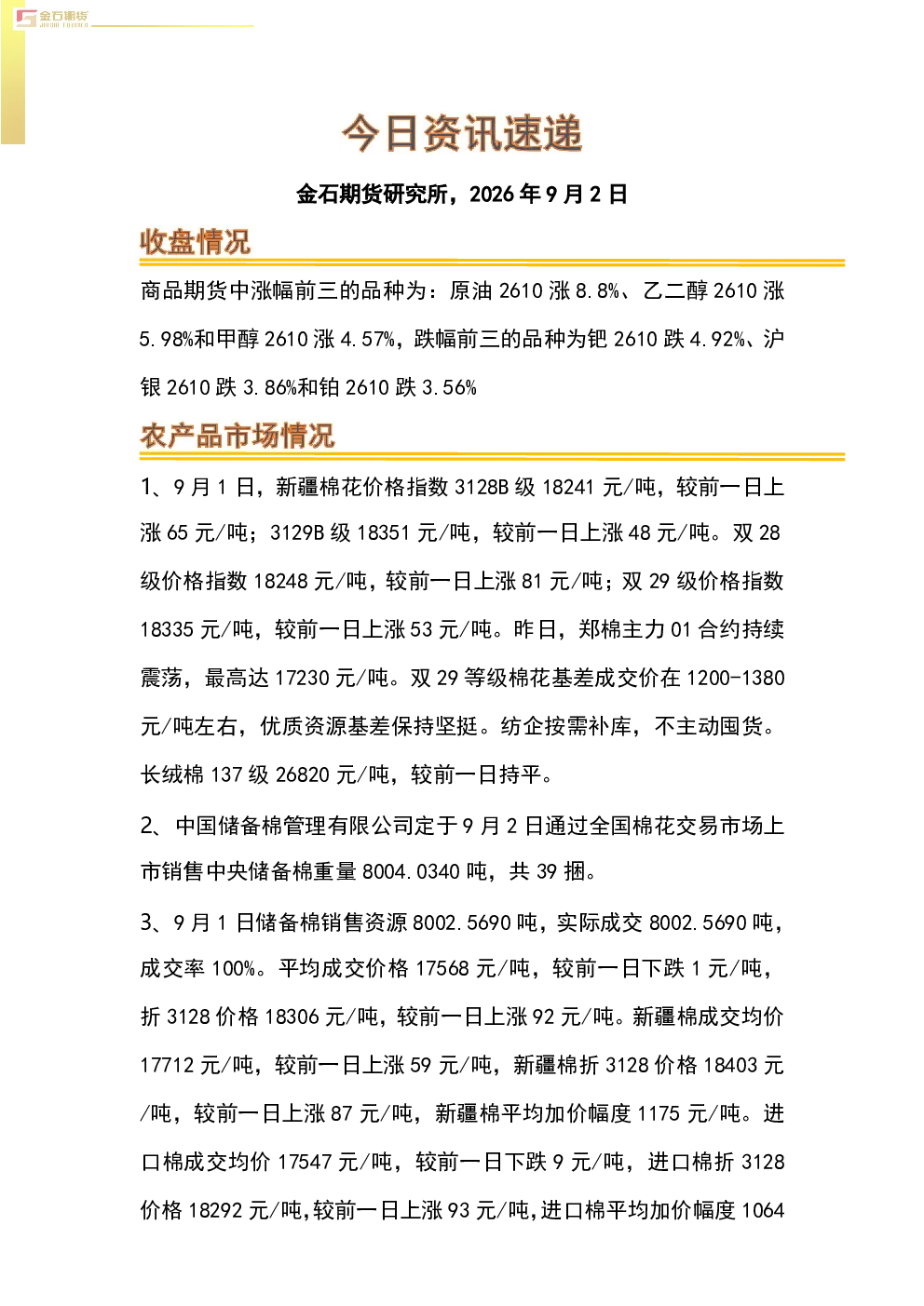 商品期货及棉花、农产品资讯