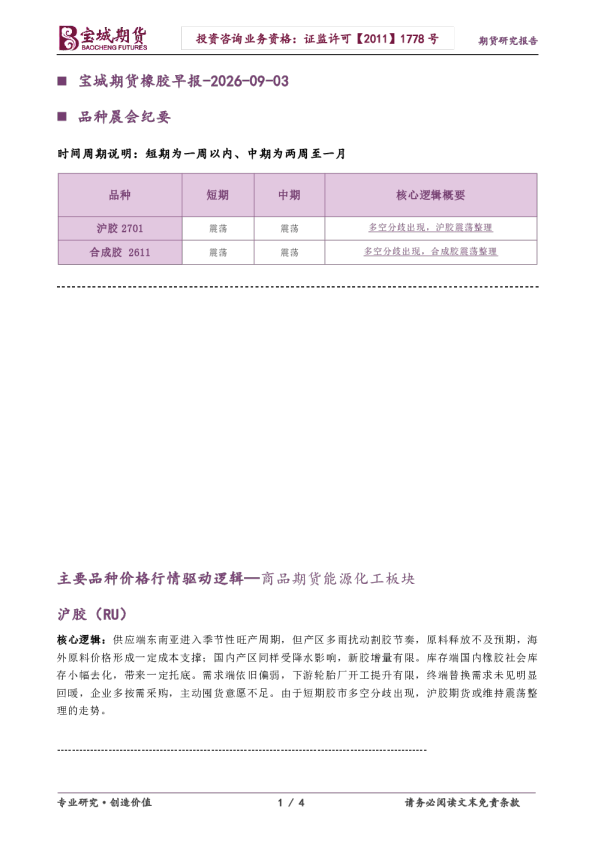 品种晨会纪要：宝城期货橡胶早报-2026-09-03