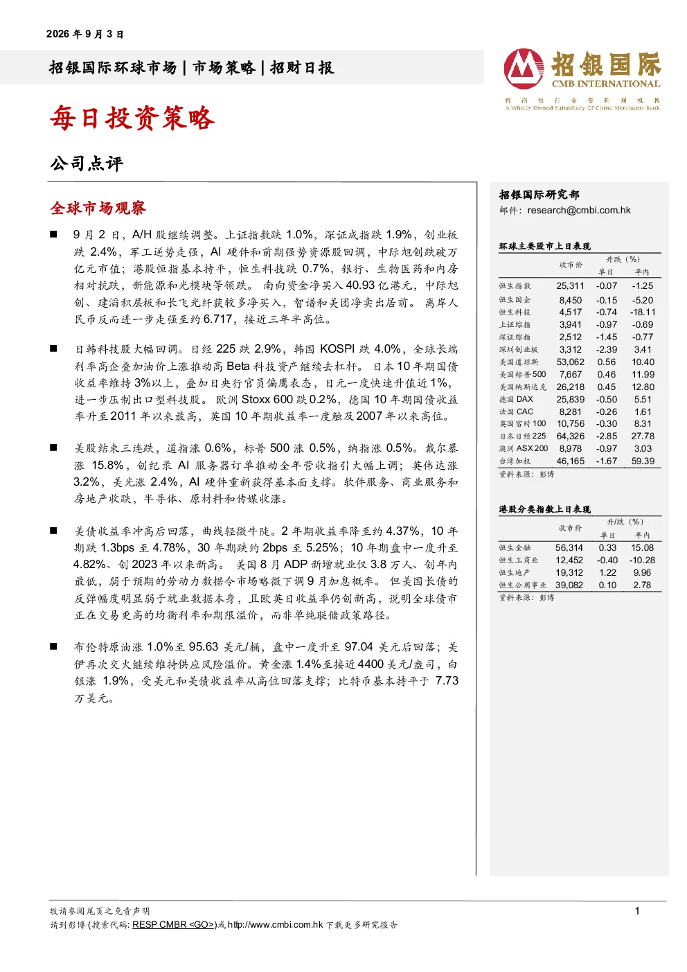 招银国际每日投资策略
