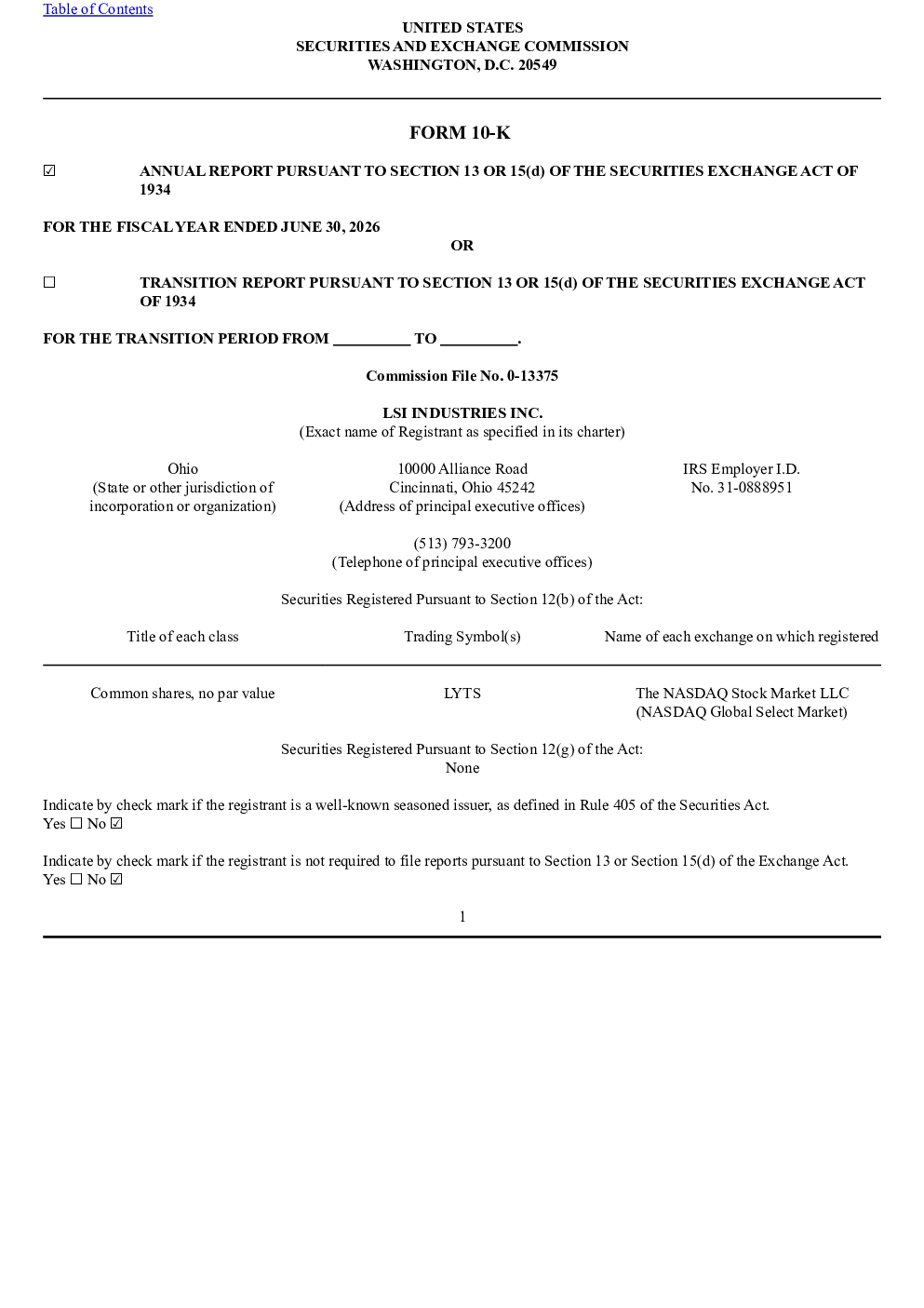 LSI Industries Inc 2025年度报告