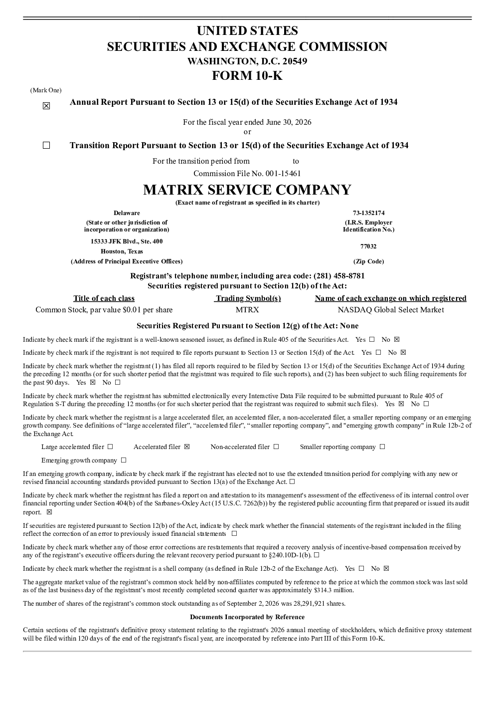 Matrix Service Co 2025年度报告