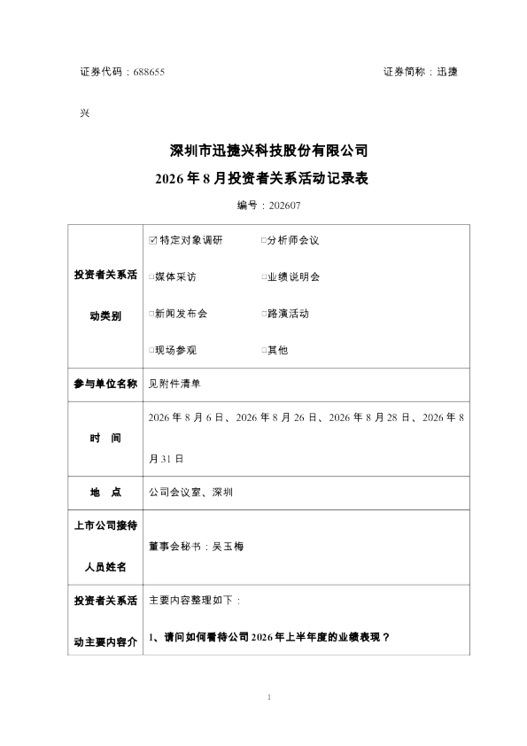 688655 迅捷兴 迅捷兴2026年8月投资者关系活动记录表 编号202607