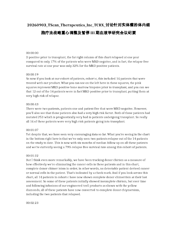 TScan Therapeutics Inc TCRX 讨论了针对实体瘤的体内细胞疗法战略重心的调整，以及暂停III期血液学研究的会议纪要