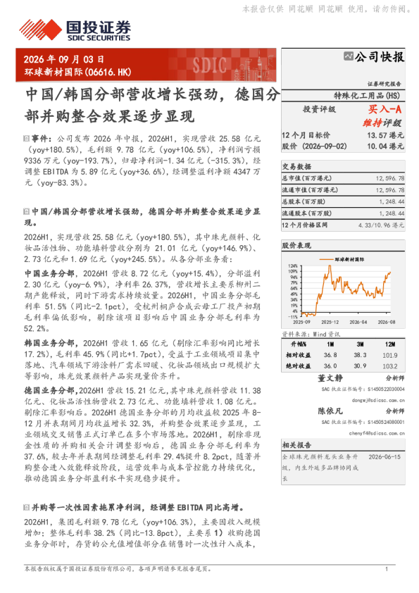 中国/韩国分部营收增长强劲，德国分部并购整合效果逐步显现